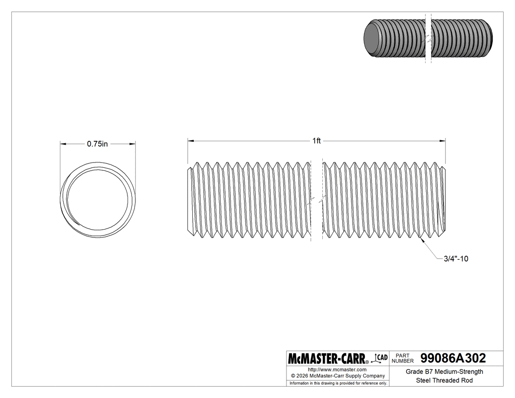 Technical Drawing of Grade B7 Medium-Strength Steel Threaded Rod, Zinc Yellow-Chromate Plated, 3/4"-10 Thread Size, 1 Foot Long.